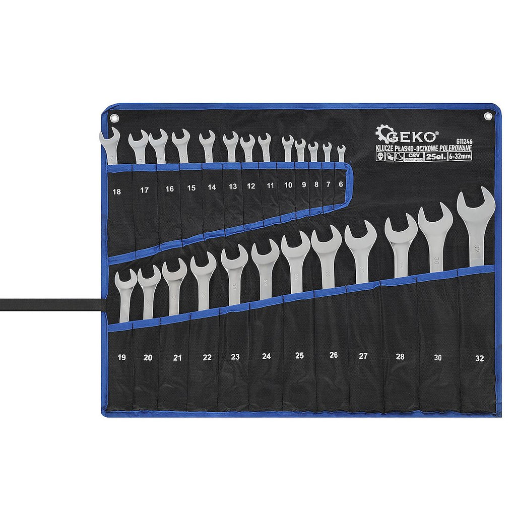 Satin Finish Combination Wrench Spanner Set 6-32 mm, 25 pcs, CrV (Storage Roll)
