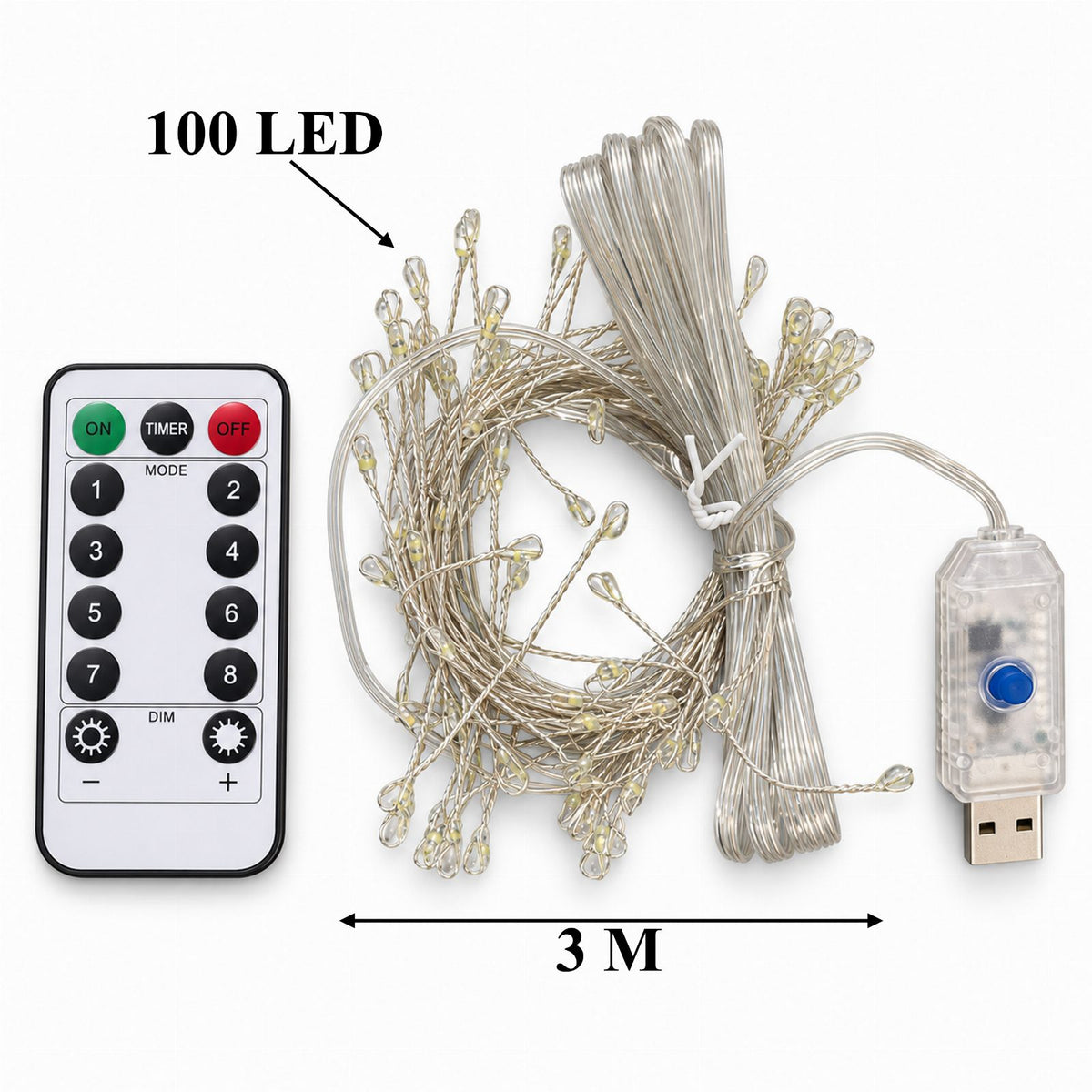 100 LED String Light Garland 3m White Cool with 8 Functions Remote USB