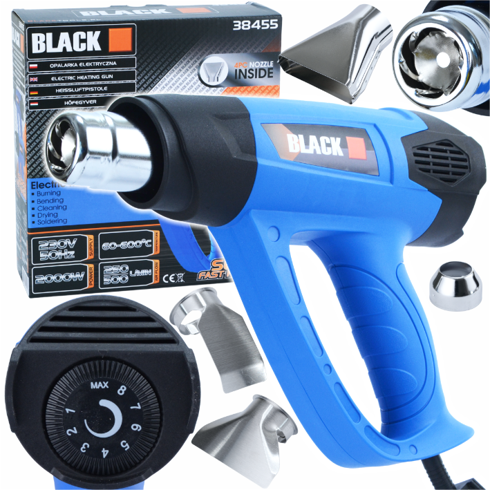 Võimas elektriline kuumapuhur sujuva temperatuuri reguleerimisega 60-600°C, 2 kiirust ja 4 otsikut