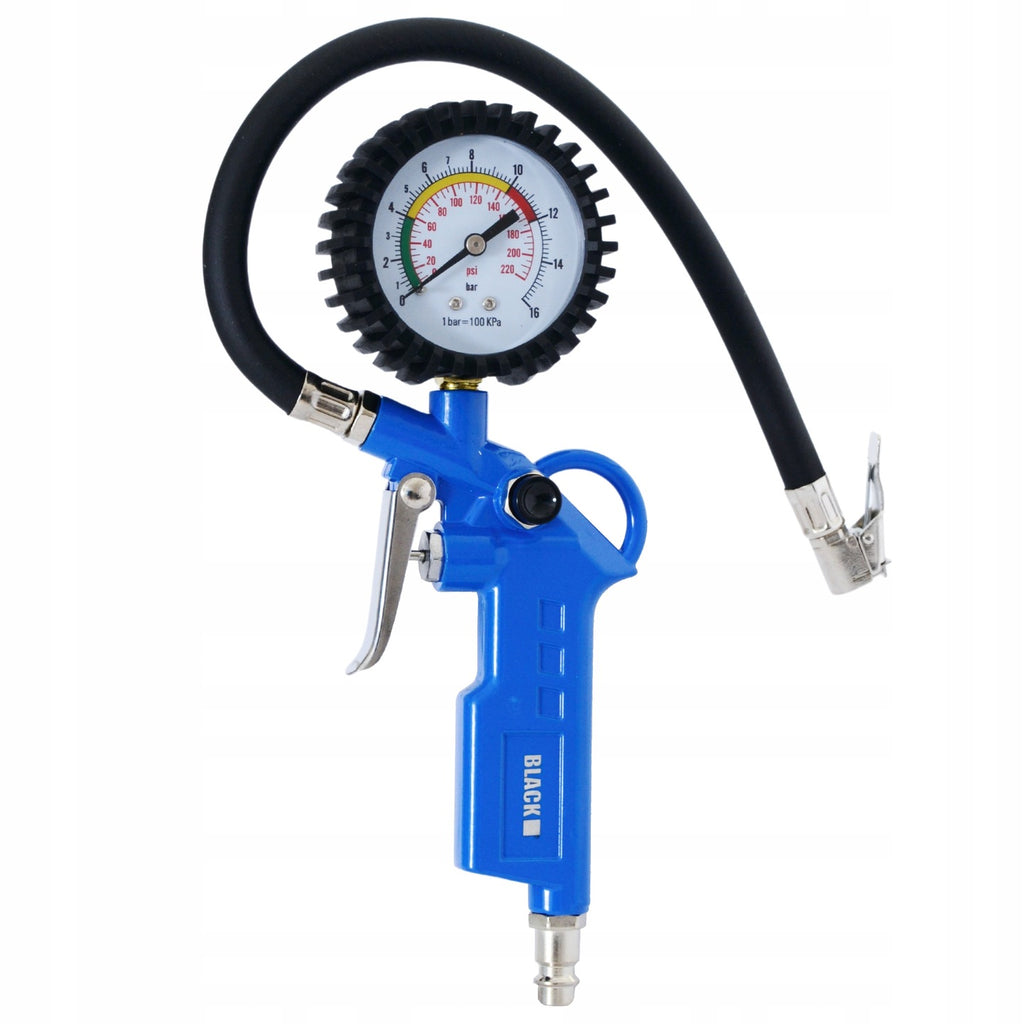 Large Wheel Inflation Gun Manometer Pump 12 Bar 1/4 Hose 35cm Black