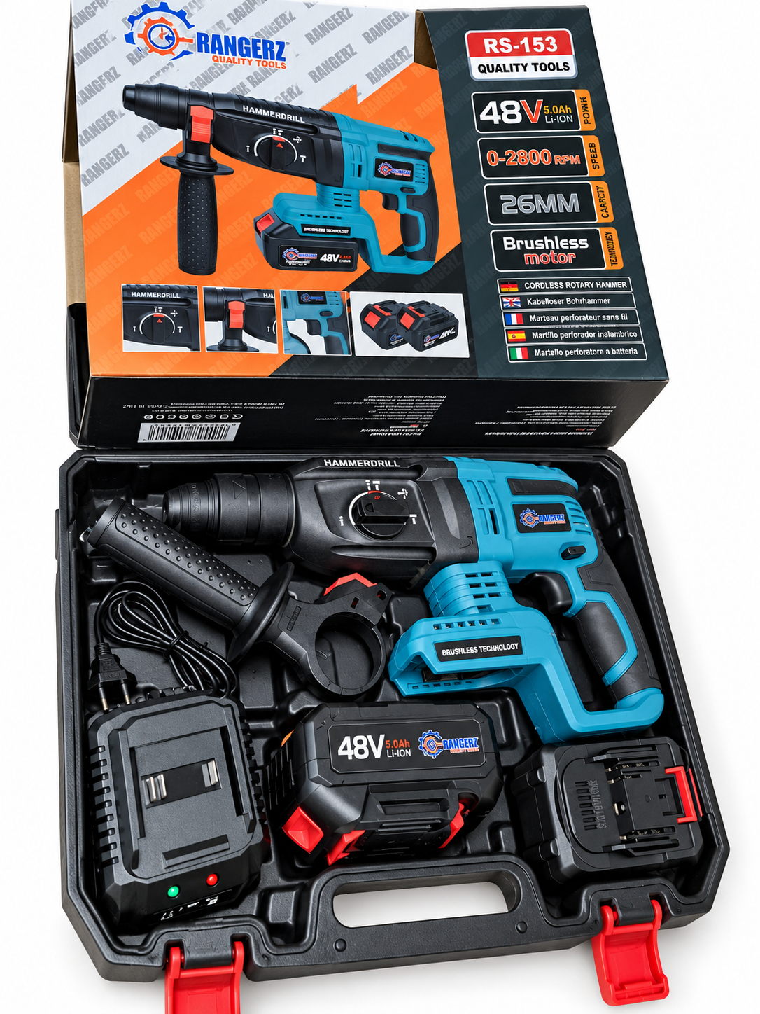RANGERZ RS-153 Cordless Rotary Hammer 48V 5.0Ah – 26mm Brushless SDS-Plus, 2 Batteries