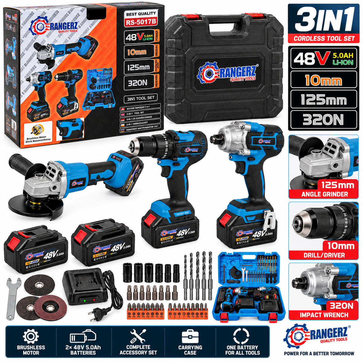 RANGERZ 3-ühes akuga tööriistakomplekt 48 V 5,0 Ah, 2 akuga RS-5017B