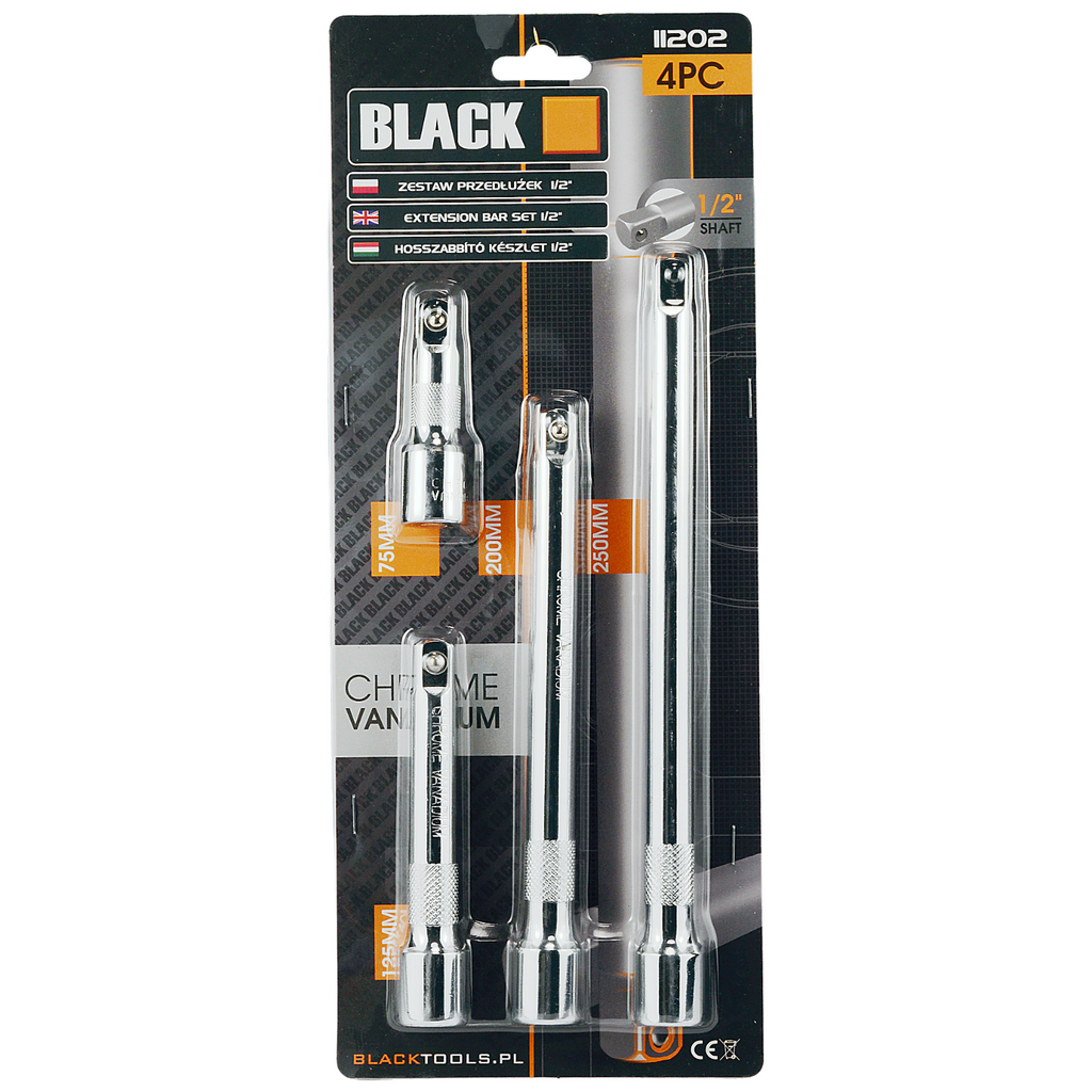 Complete Set of 4 Extensions 1/2" 250mm, 200mm, 125mm, 75mm CRV Black