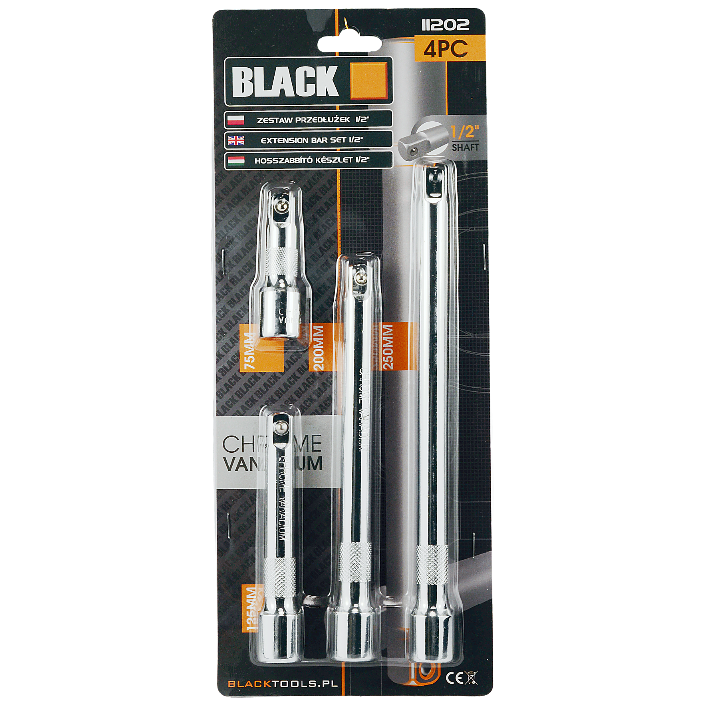 Complete Set of 4 Extensions 1/2" 250mm, 200mm, 125mm, 75mm CRV Black