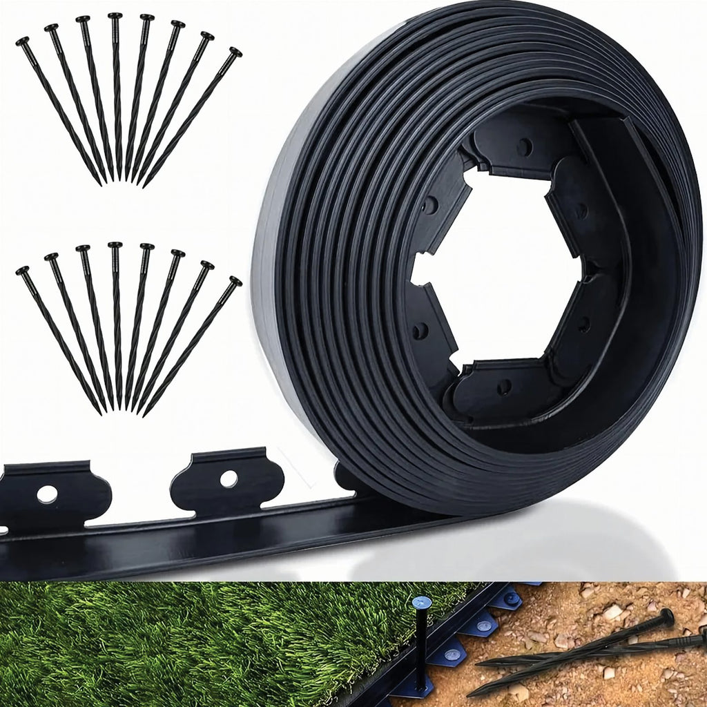 Garden Lawn Edging Set 60mm x 50mm x 10m with 30 Black Anchors