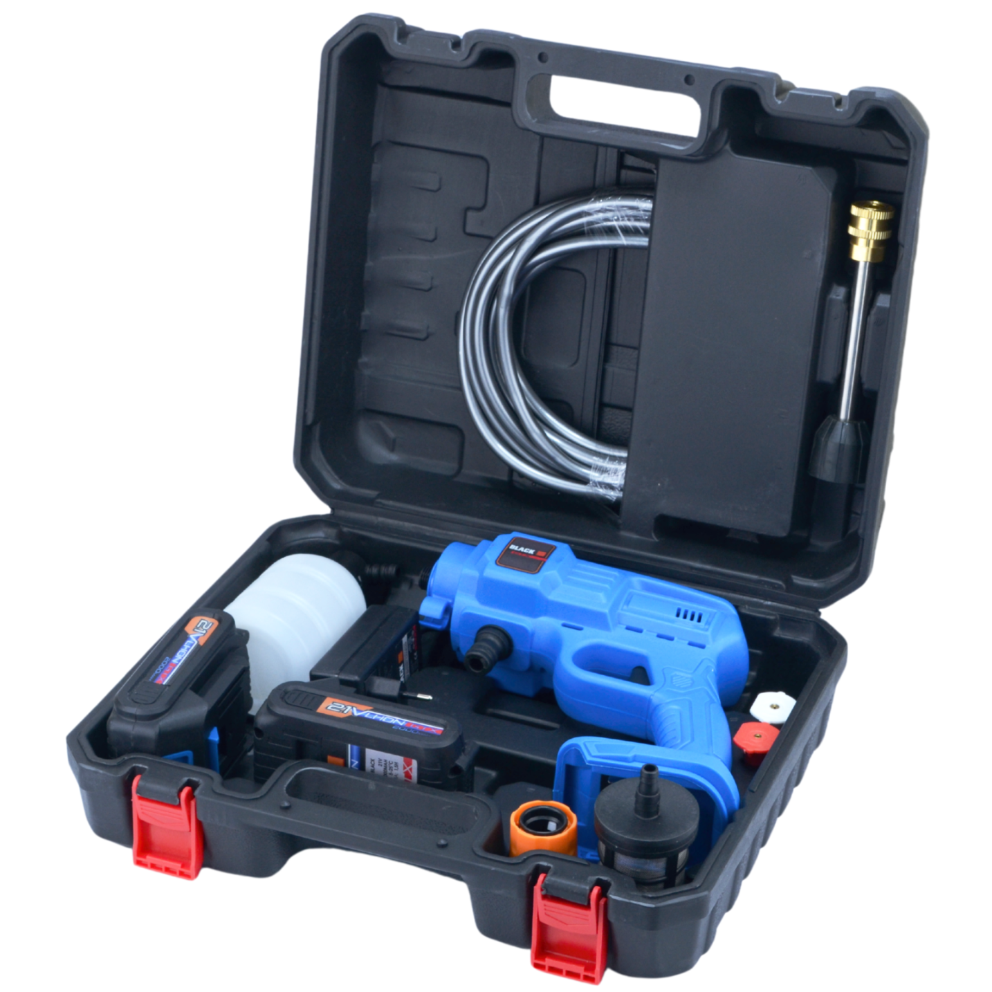 Juhtmevaba 21V 75BAR isetõmbav survepesuri komplekt 2x 2Ah akuga – Black