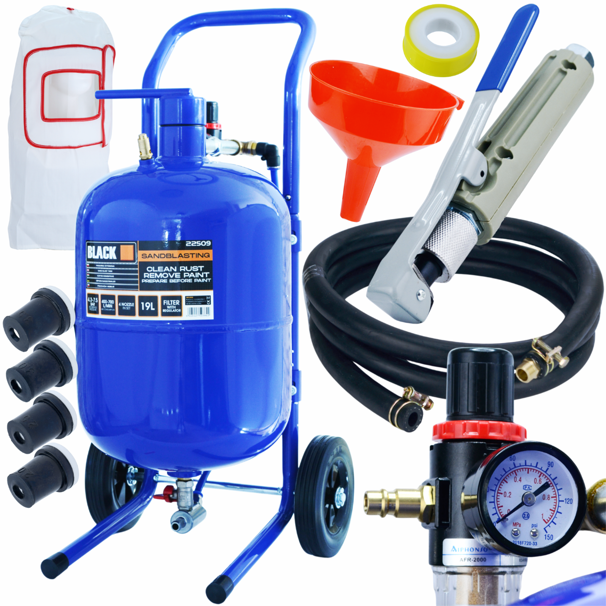 19L mobiilne liivapritsi komplekt süstla, püstoli, 4 düüsi, maski ja voolikuga ratastel