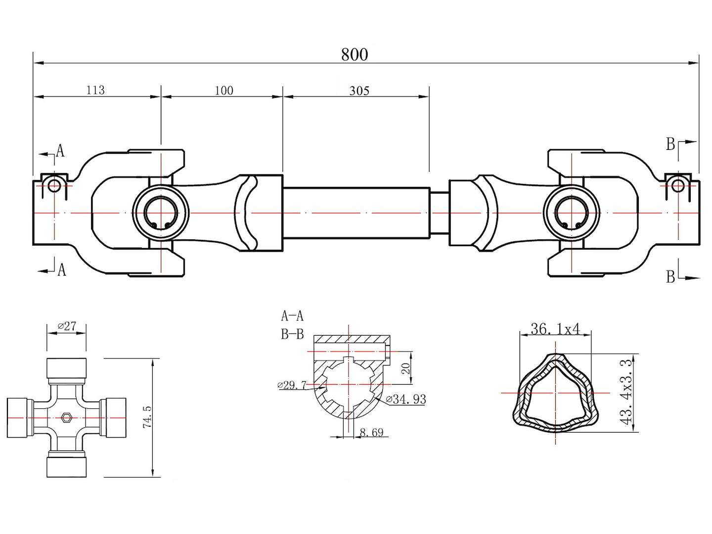 PTO shaft 3-lemon tube type 800mm