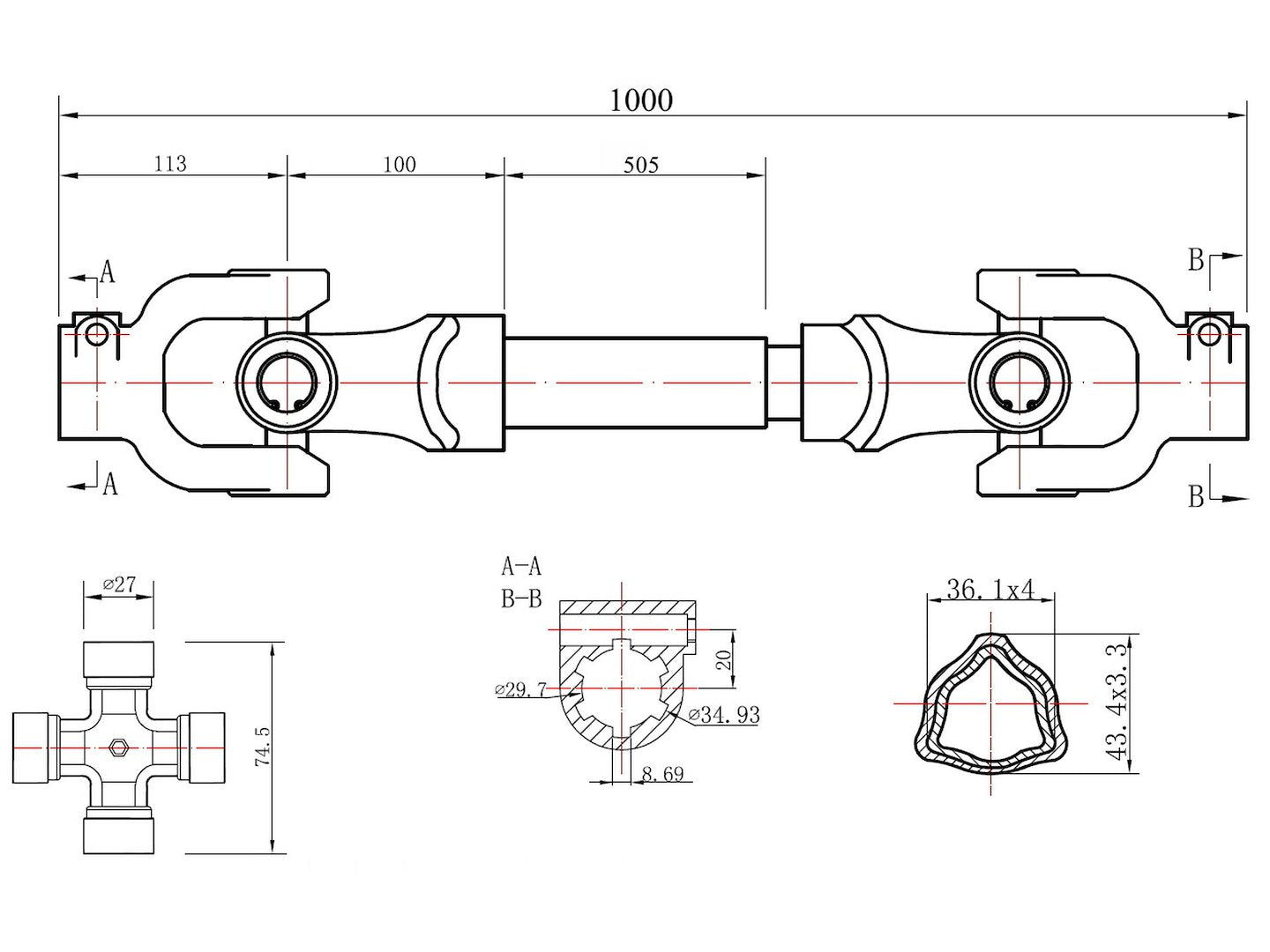 PTO Shaft 3-lemon Tube Type 1000mm