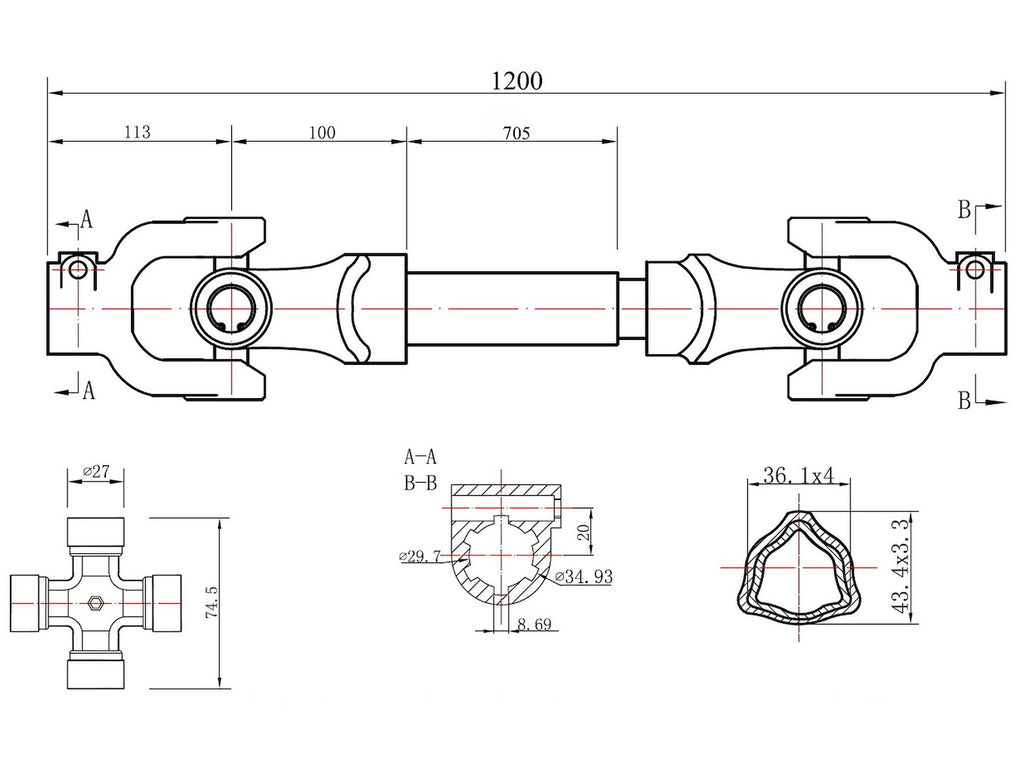 PTO Shaft 3-lemon Tube Type 1200 mm