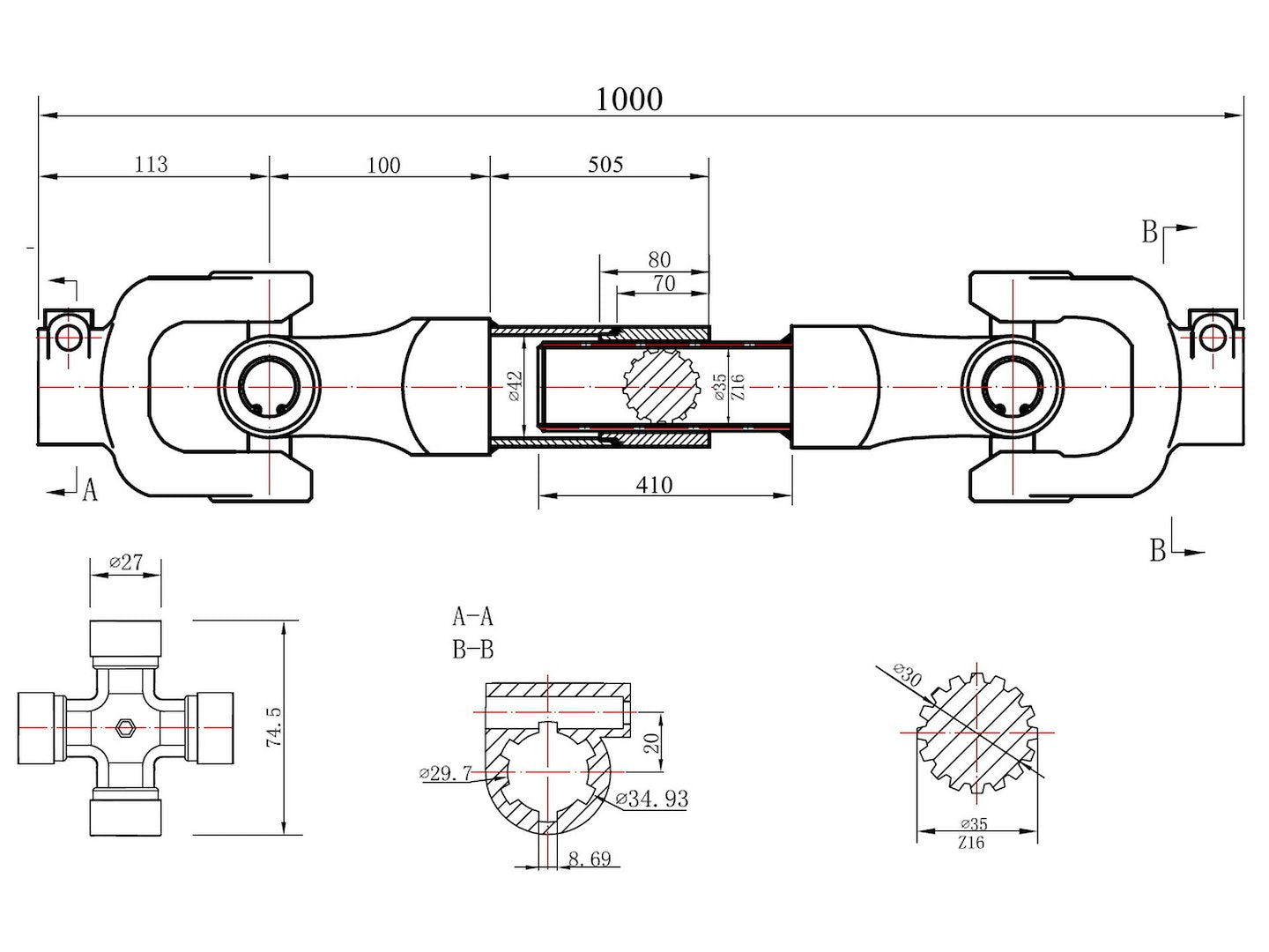 PTO shaft 3-lemon tube involute type 1000mm