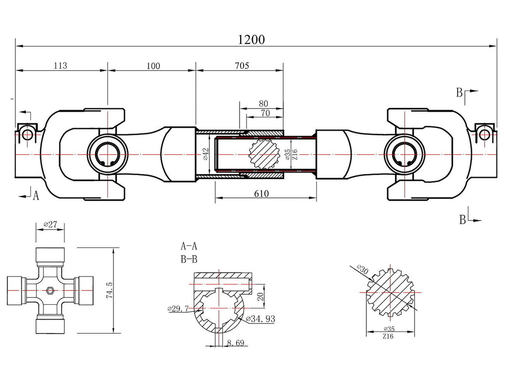 PTO shaft 3-lemon tube involute type 1200 mm