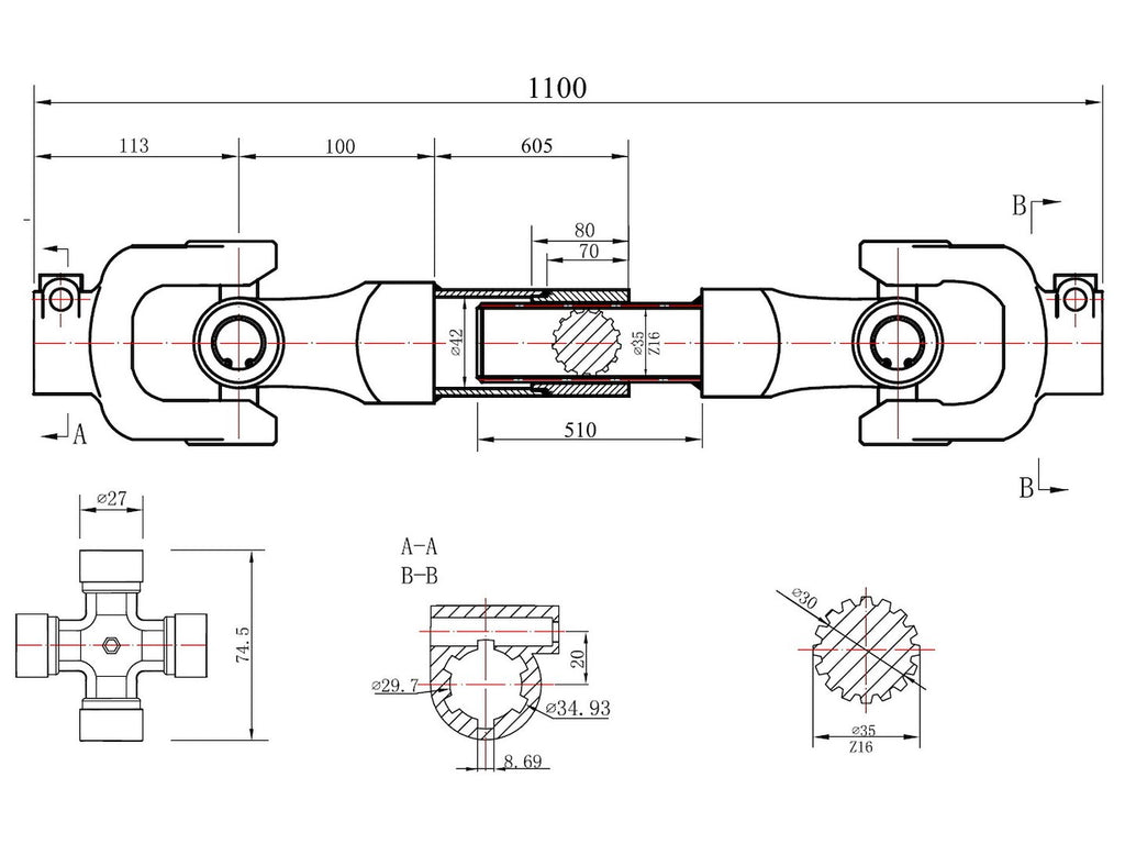 PTO shaft 3-lemon tube involute type 1100mm