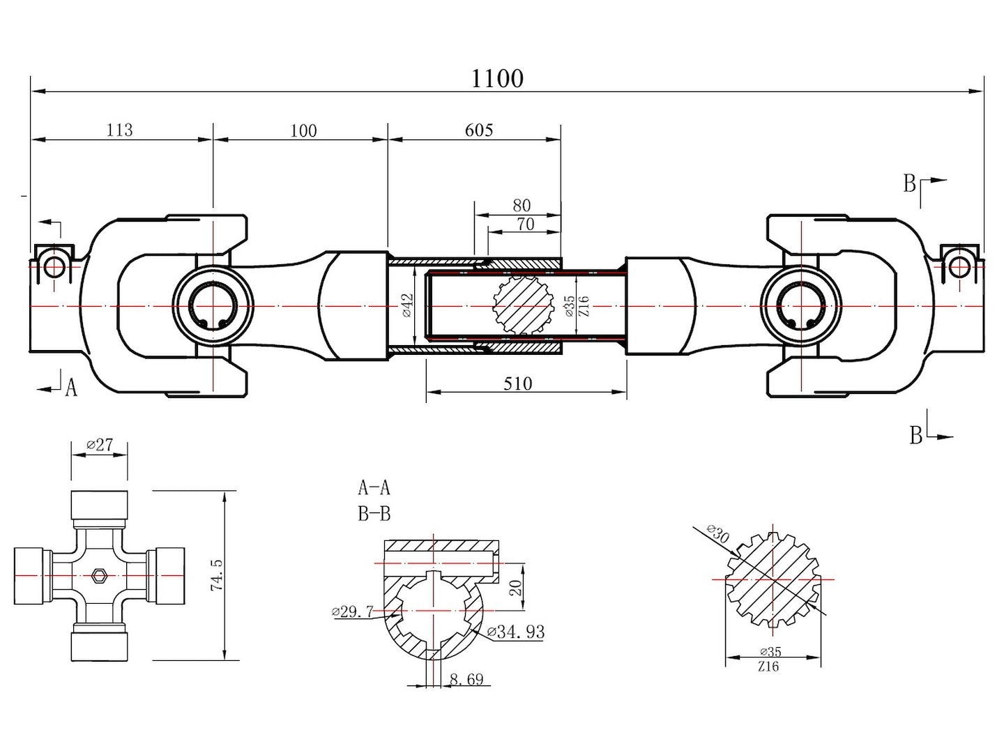 PTO shaft 3-lemon tube involute type 1100mm