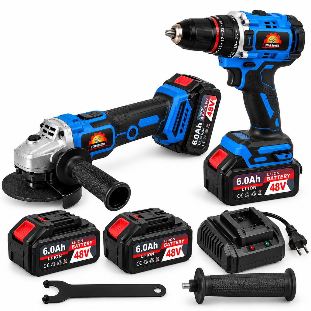 STAR ROXER SR-920 akuga tööriistakomplekt 48V 6.0Ah – nurklihvija + puurtrell, 2 akut