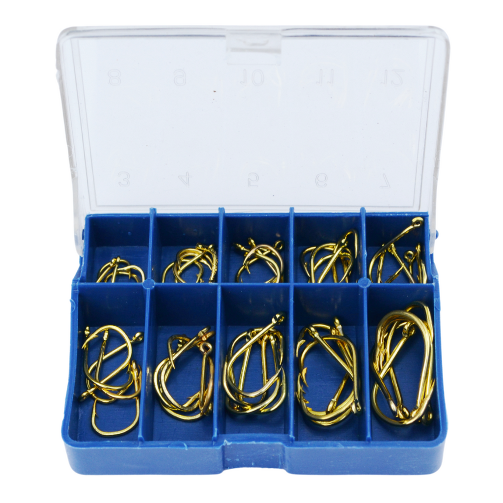 50 tk kuldsete silmaga õngekonksude komplekt, 10 suurust, karp kaasas