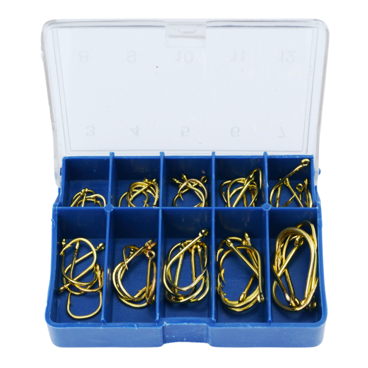 50 tk kuldsete silmaga õngekonksude komplekt, 10 suurust, karp kaasas