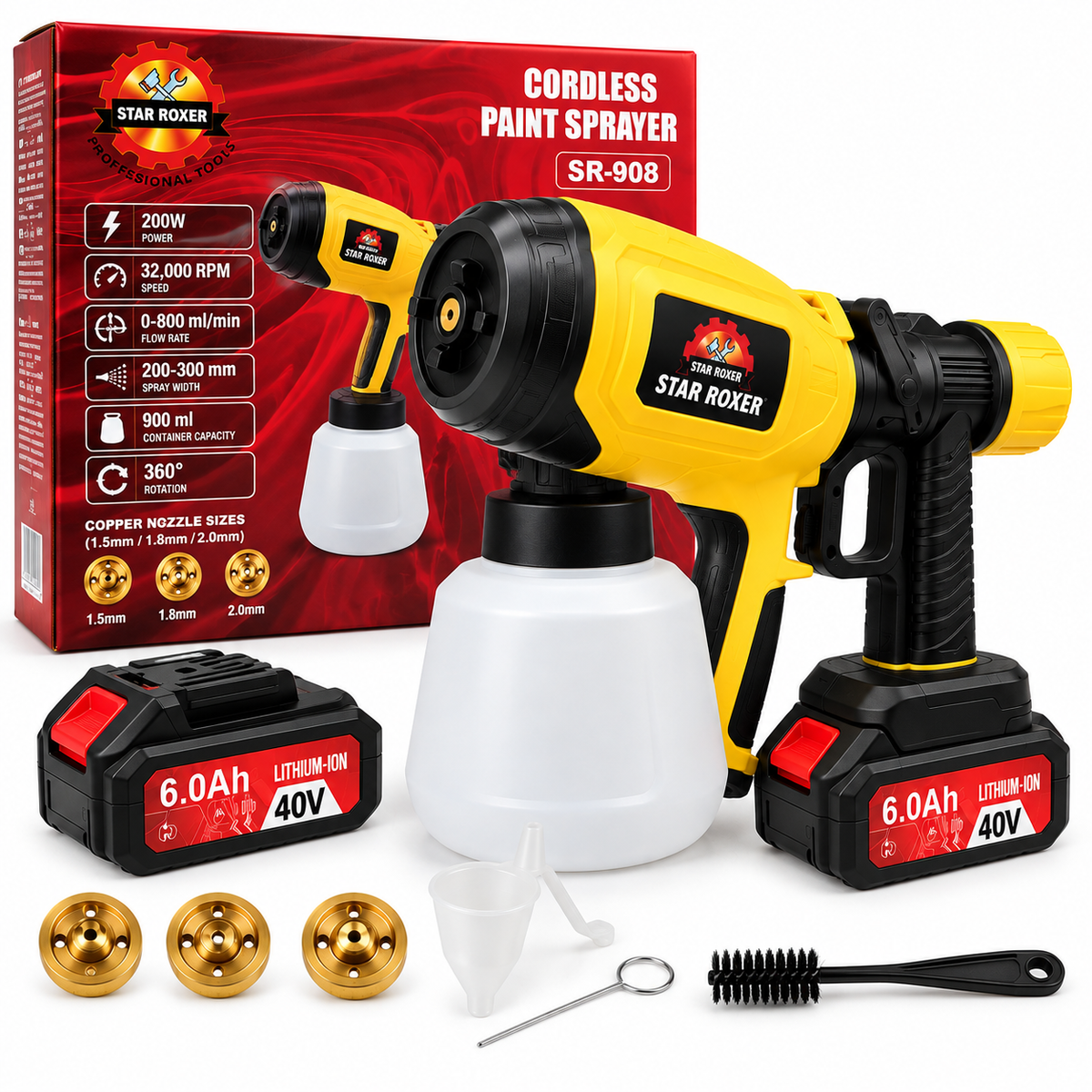 STAR ROXER SR-908 Cordless Paint Sprayer 200W 40V 6Ah – 900ml Spray Gun