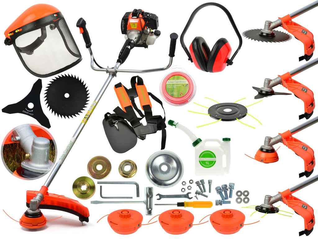 Brush cutter with 3 pcs nylon cutter, one pc 3 teeth metal blade, one pc 8 teeth metal blade, mask, earmuff, nylon line