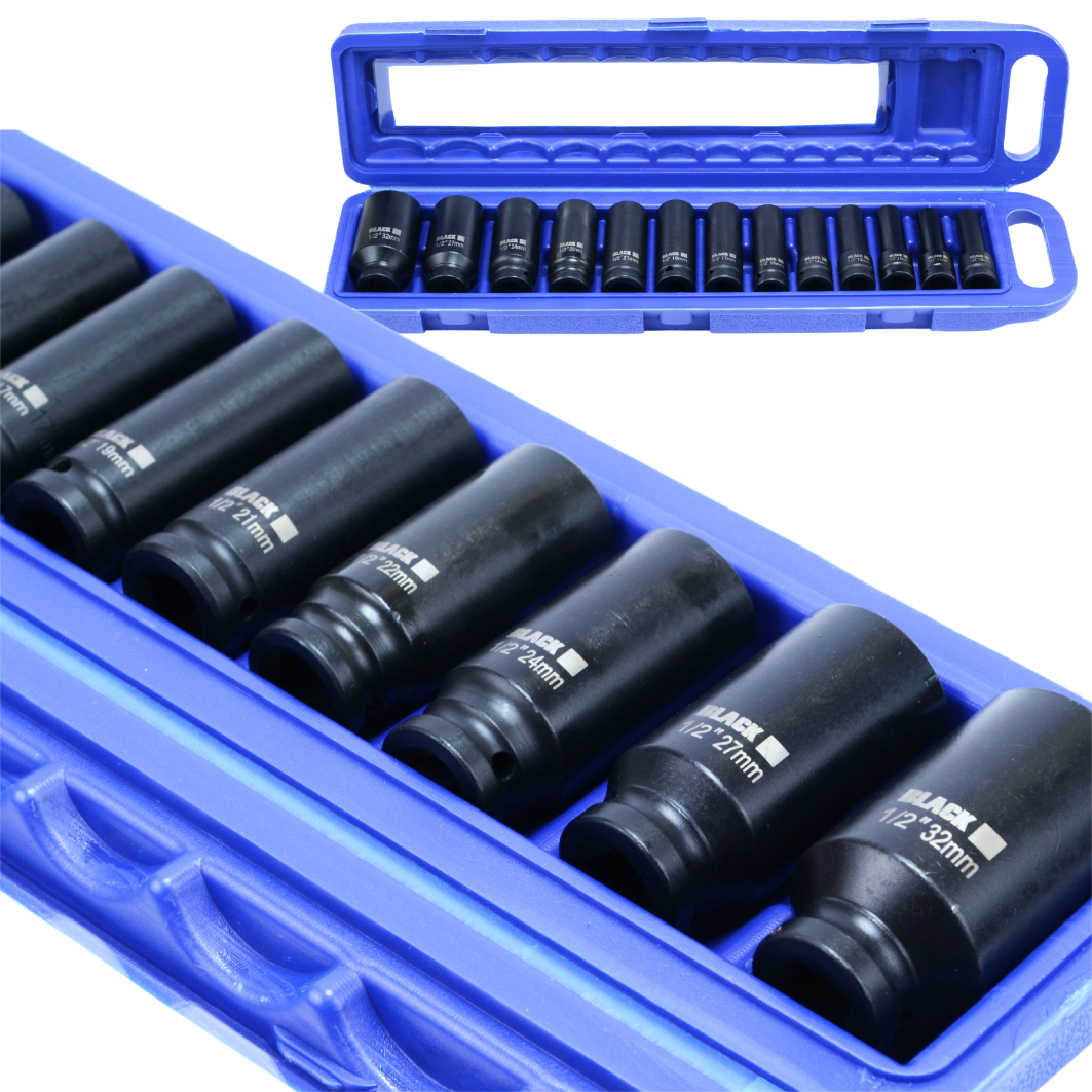 Suur löökmutrivõtmete kuuskantkomplekt 1/2" ajam 10-32mm, 13 tk, Black karbis