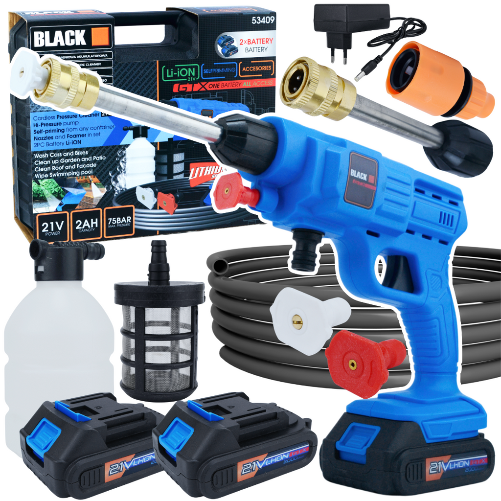 Juhtmevaba 21V 75BAR isetõmbav survepesuri komplekt 2x 2Ah akuga – Black