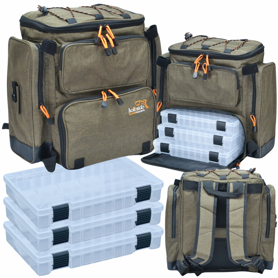 Hokkado Fishing Backpack Bag with 3 Boxes, Rigid Bottom, 38/42/21cm