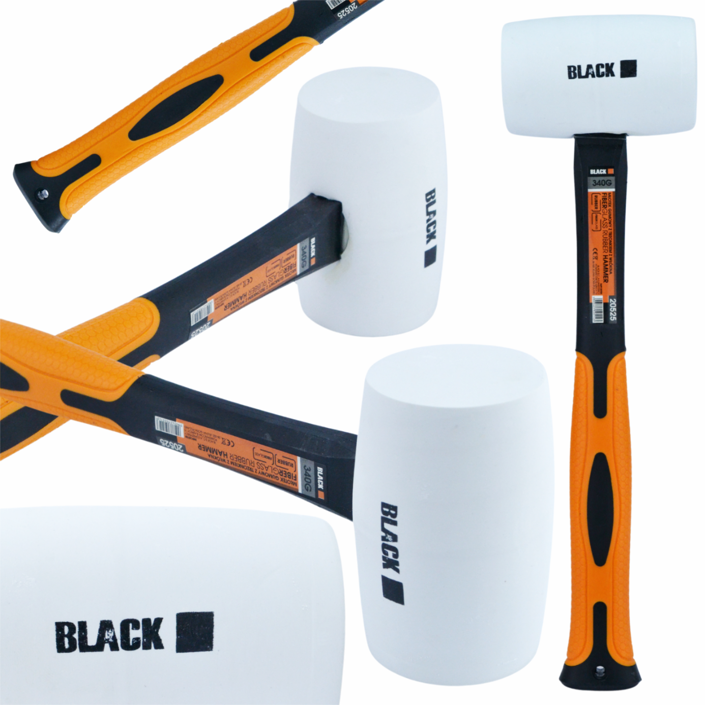 Professionaalne 340g kummivasar klaaskiust käepidemega, valge kummipea, Black bränd