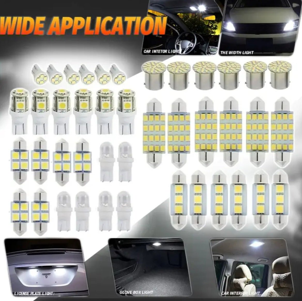 42 tk LED salongi valgustite komplekt – T10 laevalgusti, lugemis-, numbrimärgi- ja uksetuled (42 tk)