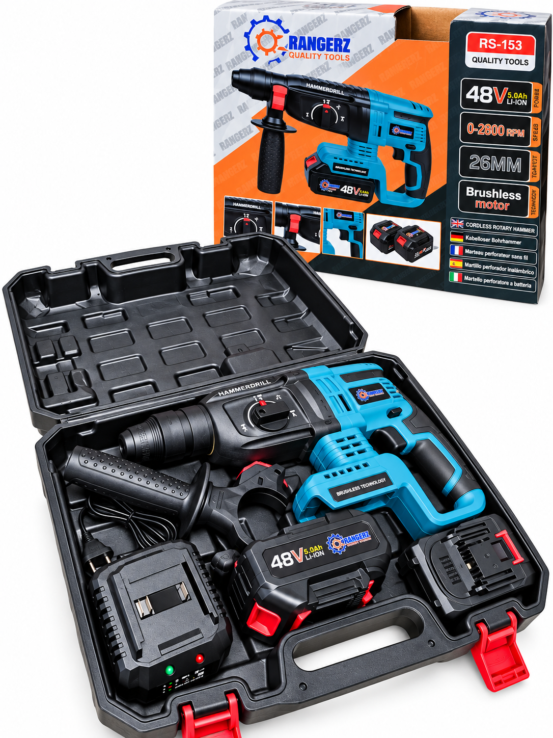RANGERZ RS-153 Cordless Rotary Hammer 48V 5.0Ah – 26mm Brushless SDS-Plus, 2 Batteries