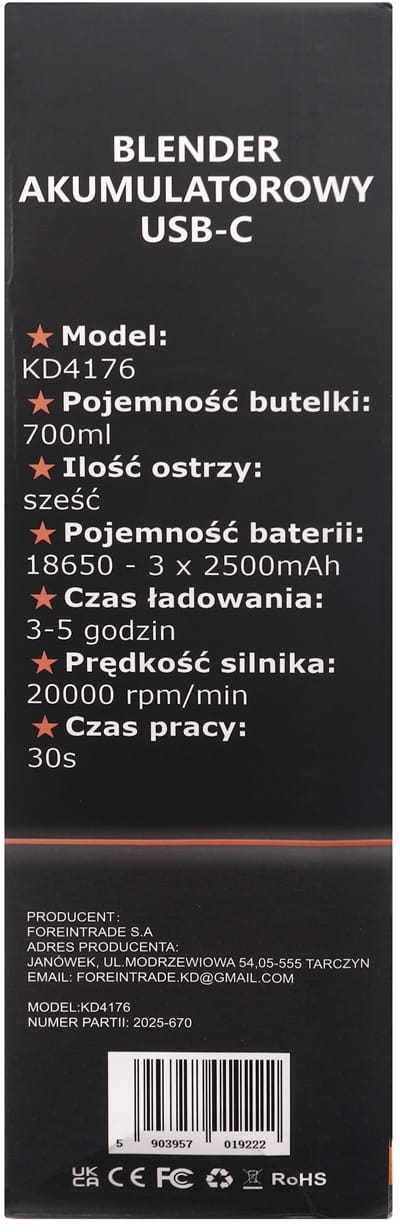 USB-C juhtmevaba blender 700ml 2x2500mAh KD4176