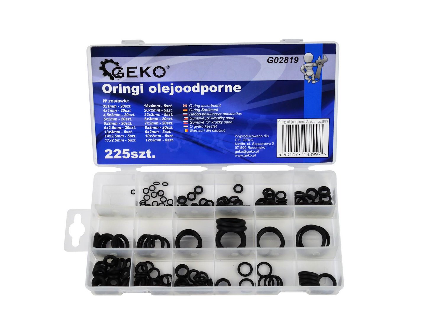O-ring Assortment, Various Sizes, Oil- and Acid-Resistant, 225 pcs