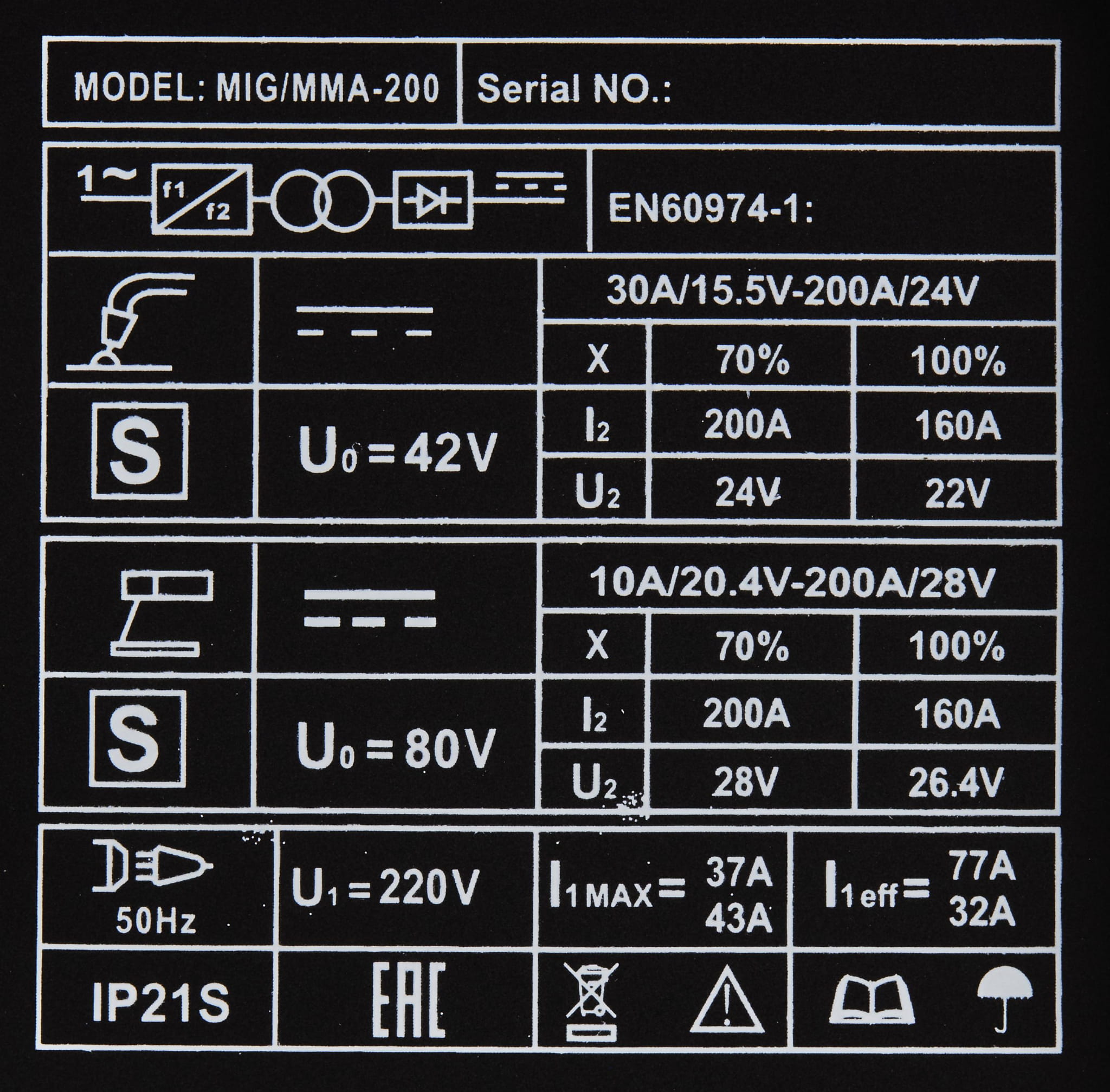 MIG/MMA WELDER 200A MODEL KD1788