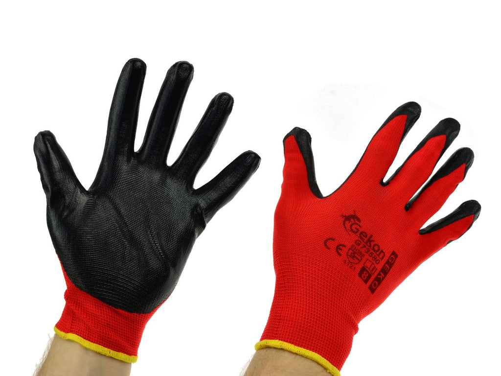 Cotton Work Gloves, Red, Size 8, Nitrile Palm Coating, Knit Wrist