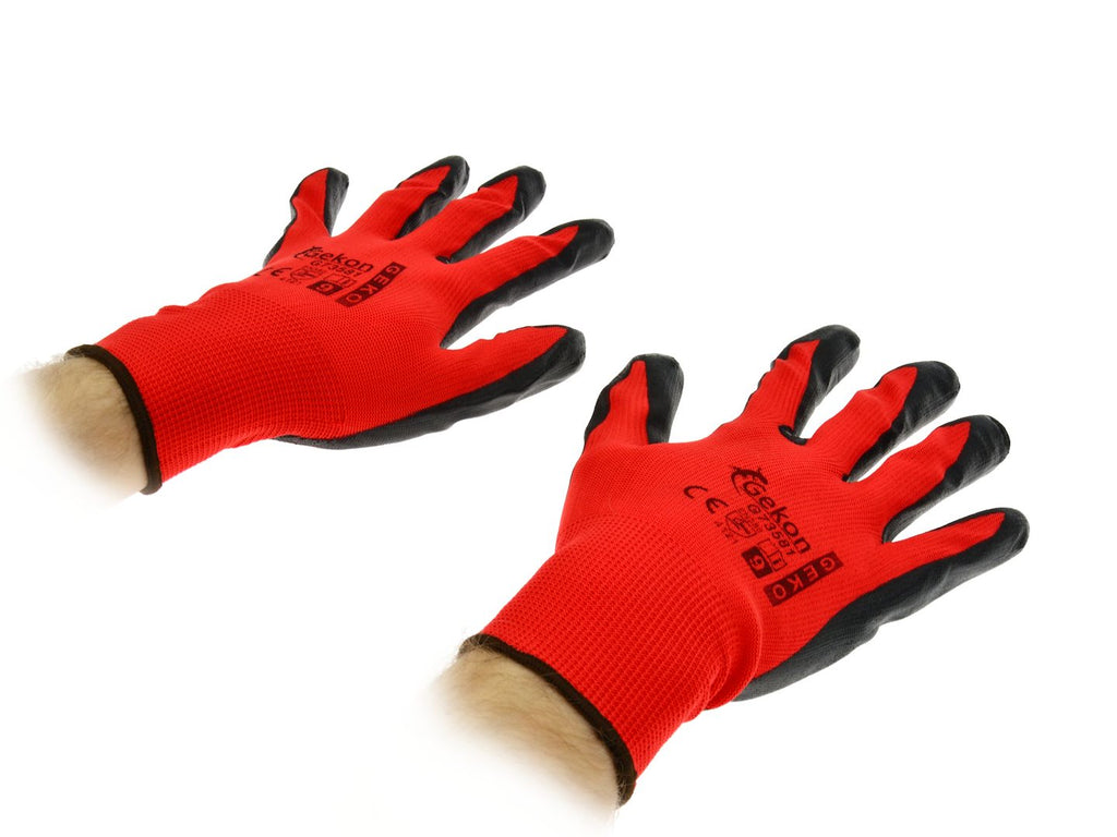 Cotton Work Gloves Red, size 9, Nitrile Palm Coating, Knit Wrist