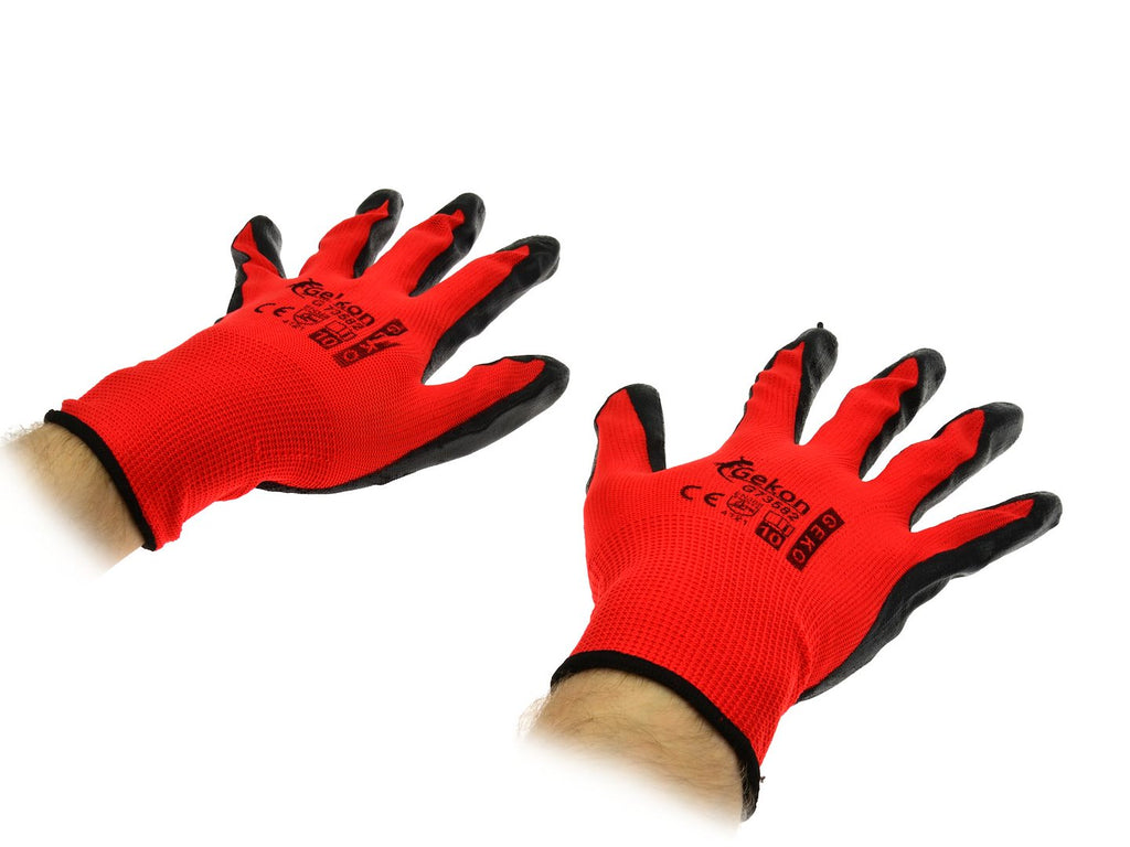 Cotton Work Gloves, RED s.10, with Nitrile Palm Coating, Knit Wrist
