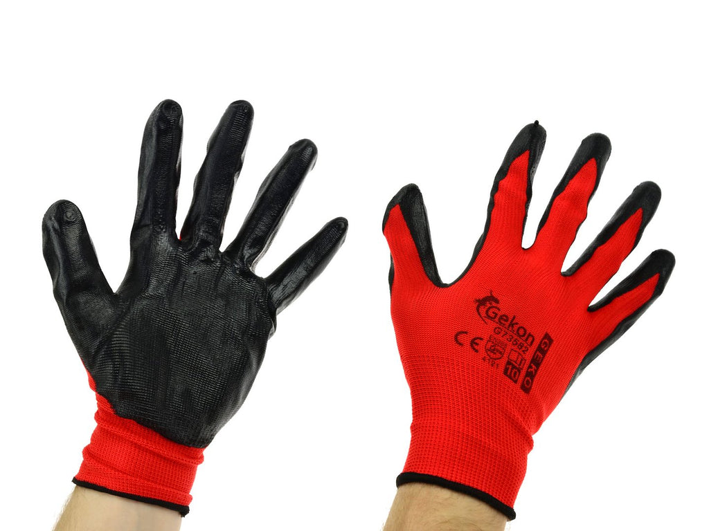 Cotton Work Gloves, RED s.10, with Nitrile Palm Coating, Knit Wrist