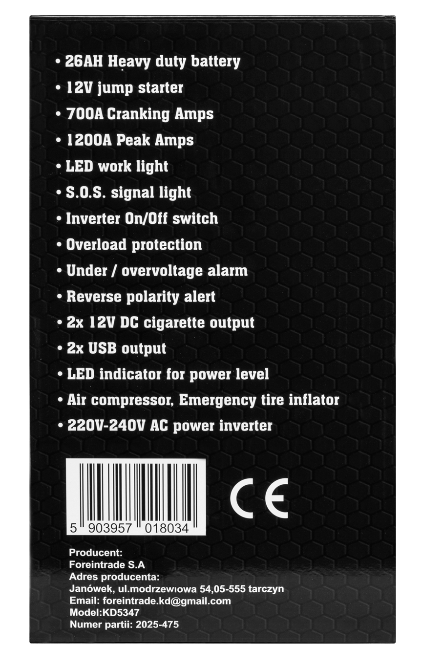 JUMP-STARTER 1200/700A 26Ah 12V INVERTER KD5347