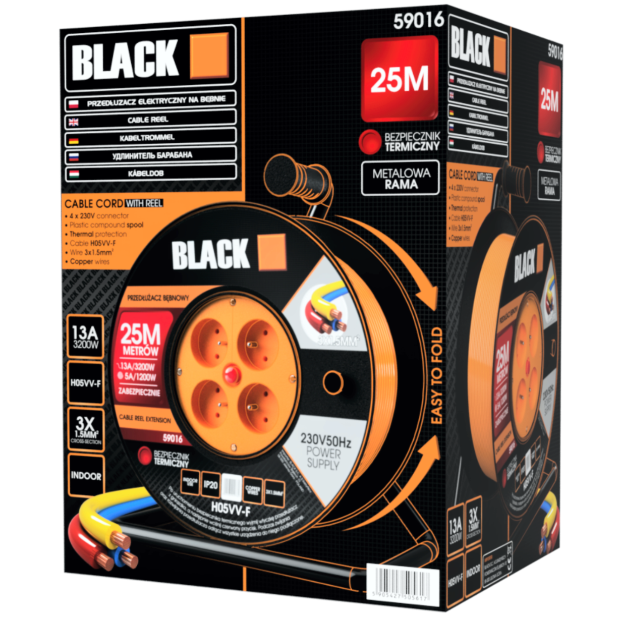 Garden Reel Extension Cord Polish Brand 25m 3x1.5 H05VV-F Black Reel