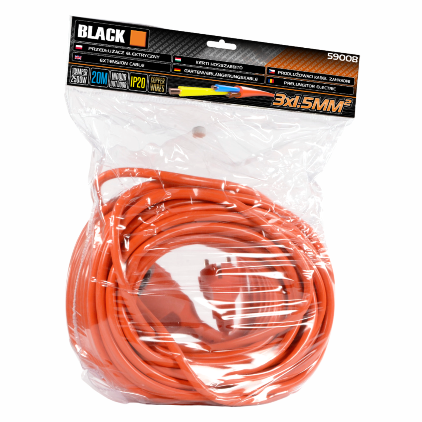Electric Extension Cord Black 20m 3x1.5mm IP20