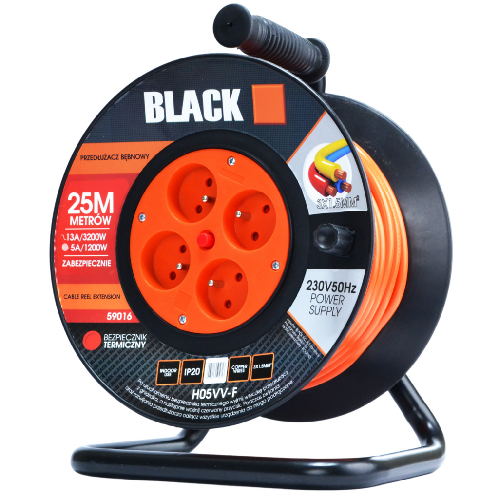 Garden Reel Extension Cord Polish Brand 25m 3x1.5 H05VV-F Black Reel