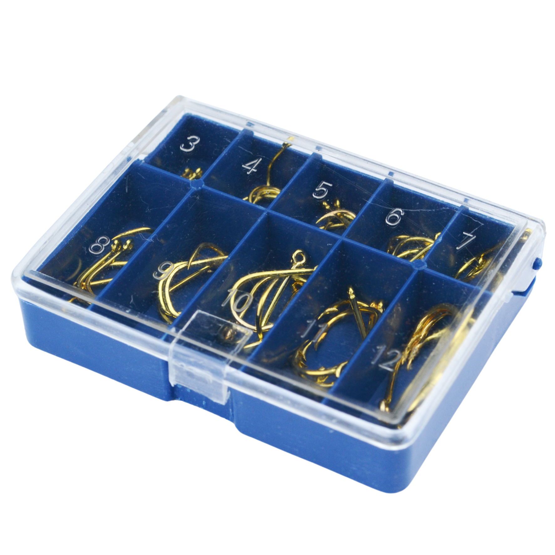 50 tk kuldsete silmaga õngekonksude komplekt, 10 suurust, karp kaasas