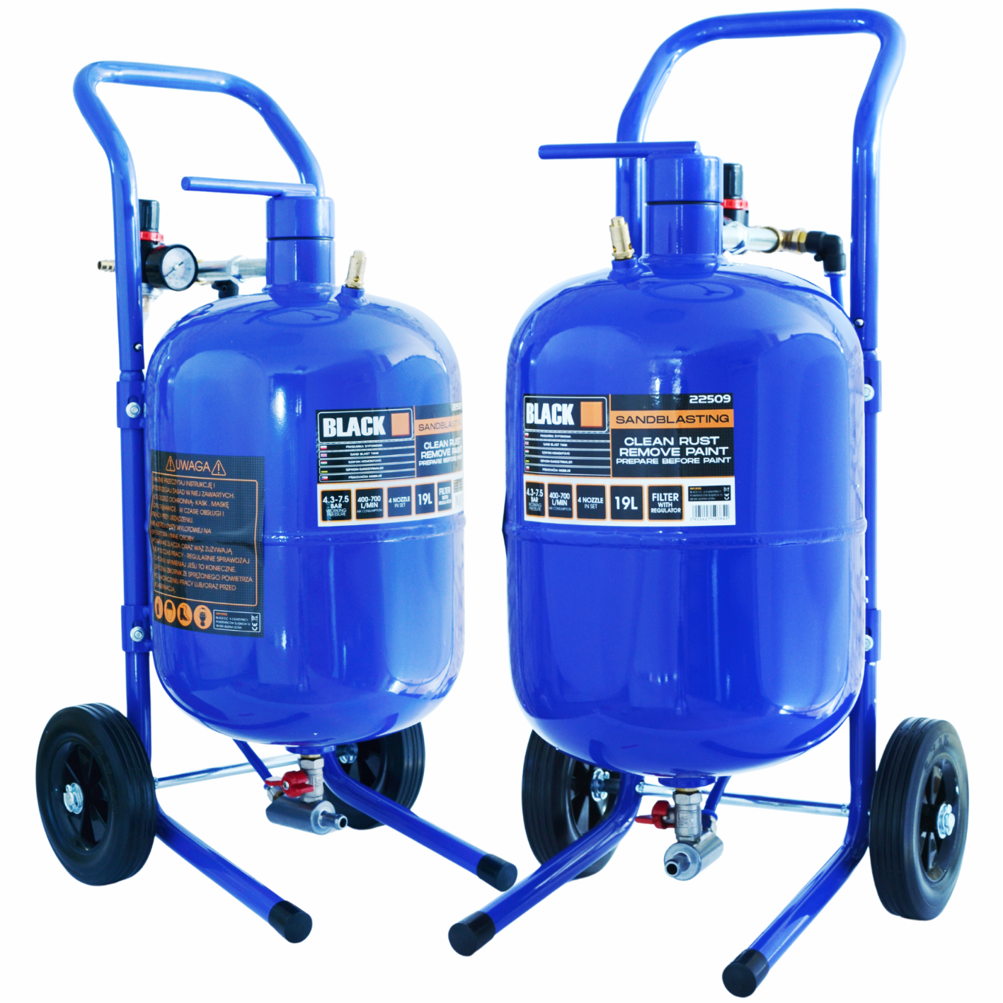 19L mobiilne liivapritsi komplekt süstla, püstoli, 4 düüsi, maski ja voolikuga ratastel