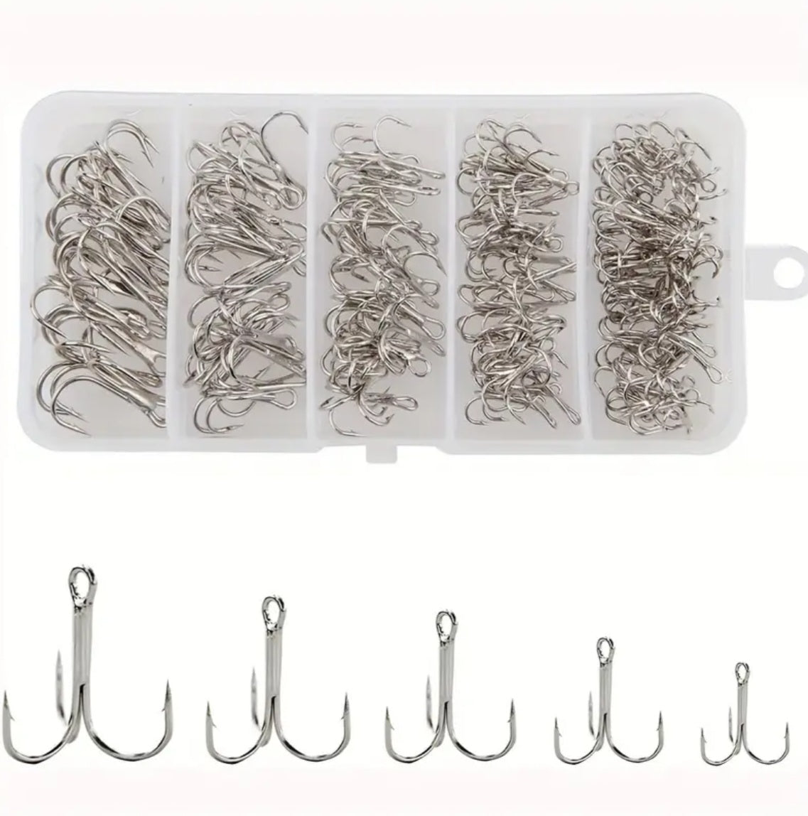 50 tk kõrge süsinikusisaldusega terasest kolmikhaake koos hoiukarbiiga