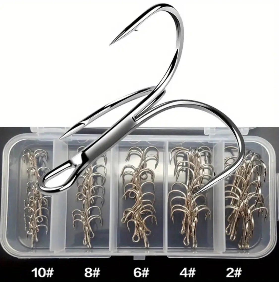 50 tk kõrge süsinikusisaldusega terasest kolmikhaake koos hoiukarbiiga