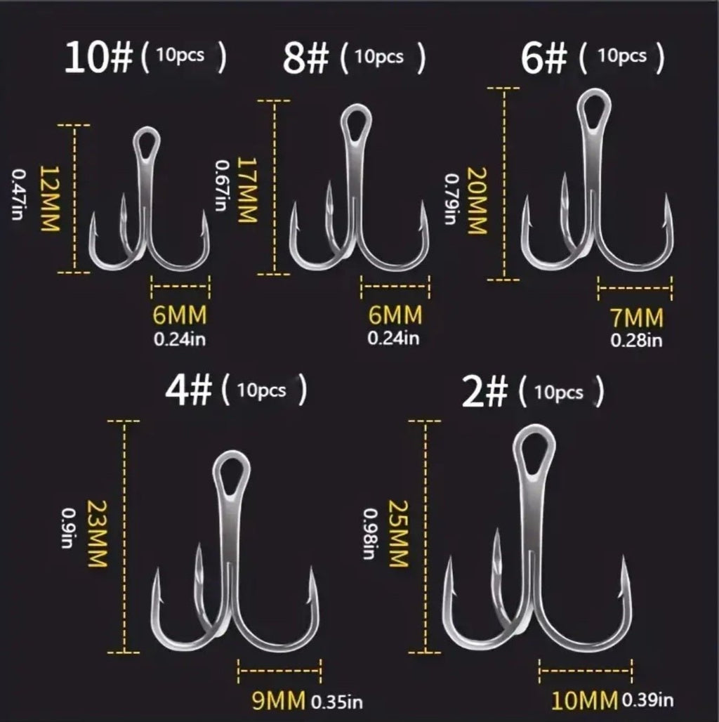 50 tk kõrge süsinikusisaldusega terasest kolmikhaake koos hoiukarbiiga