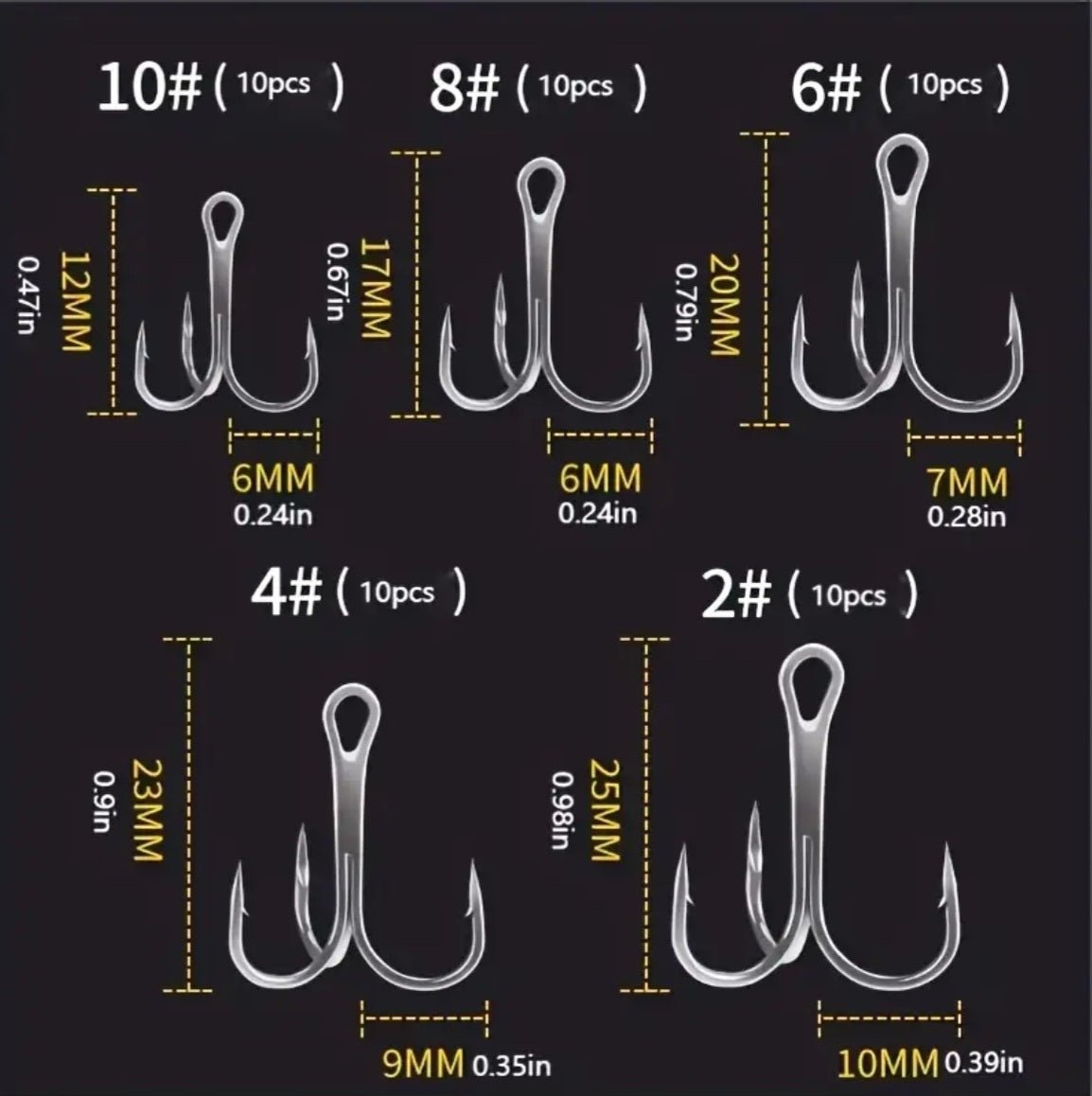 50 tk kõrge süsinikusisaldusega terasest kolmikhaake koos hoiukarbiiga