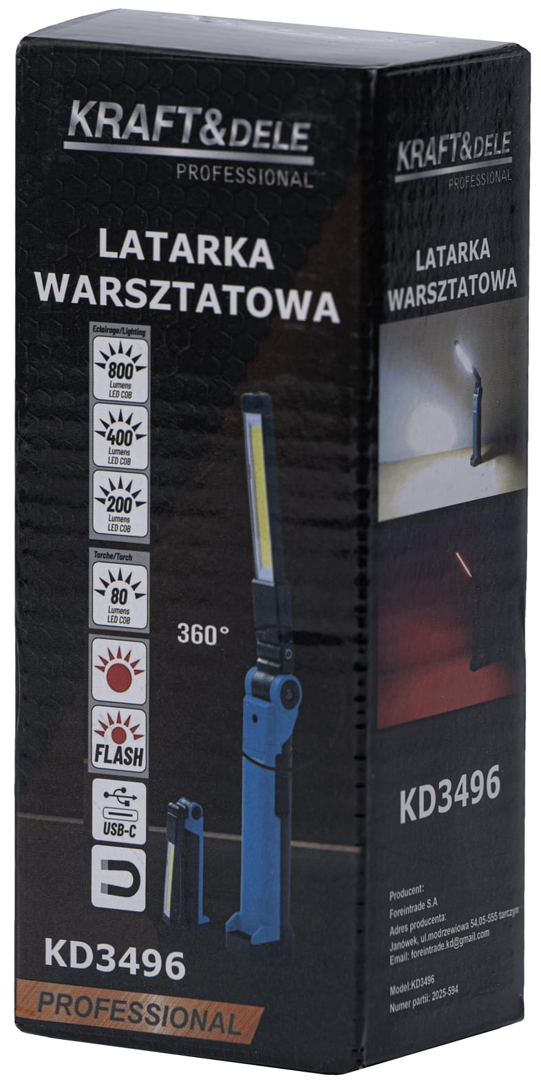 LED TÖÖKOJA TASKULAMP USB-C 200/400/800LM + HOIATUSVALGUS KD3496