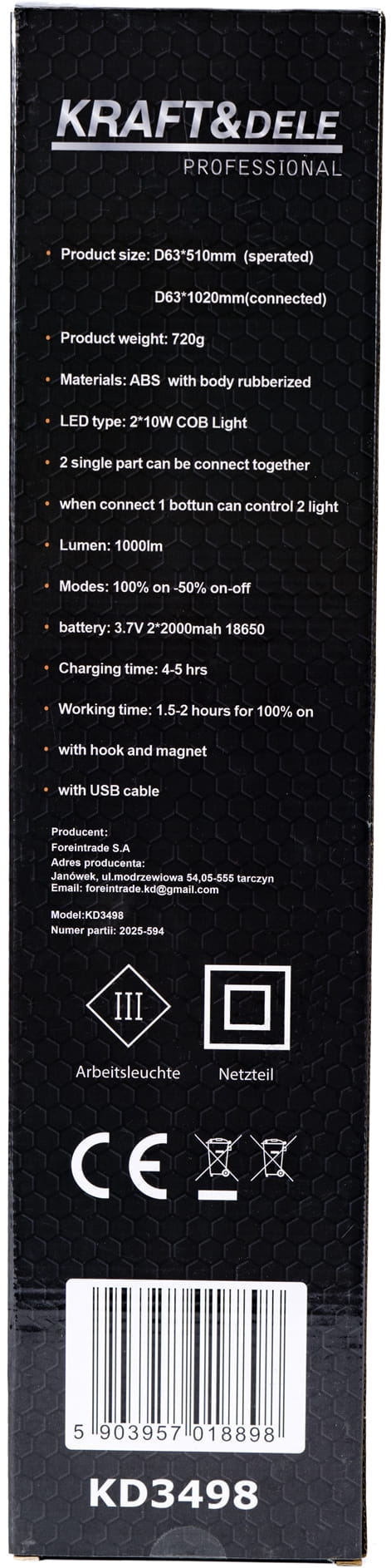 DOUBLE LED TÖÖKOJA TASKULAMP USB-C 1200LM KD3498 (C9)