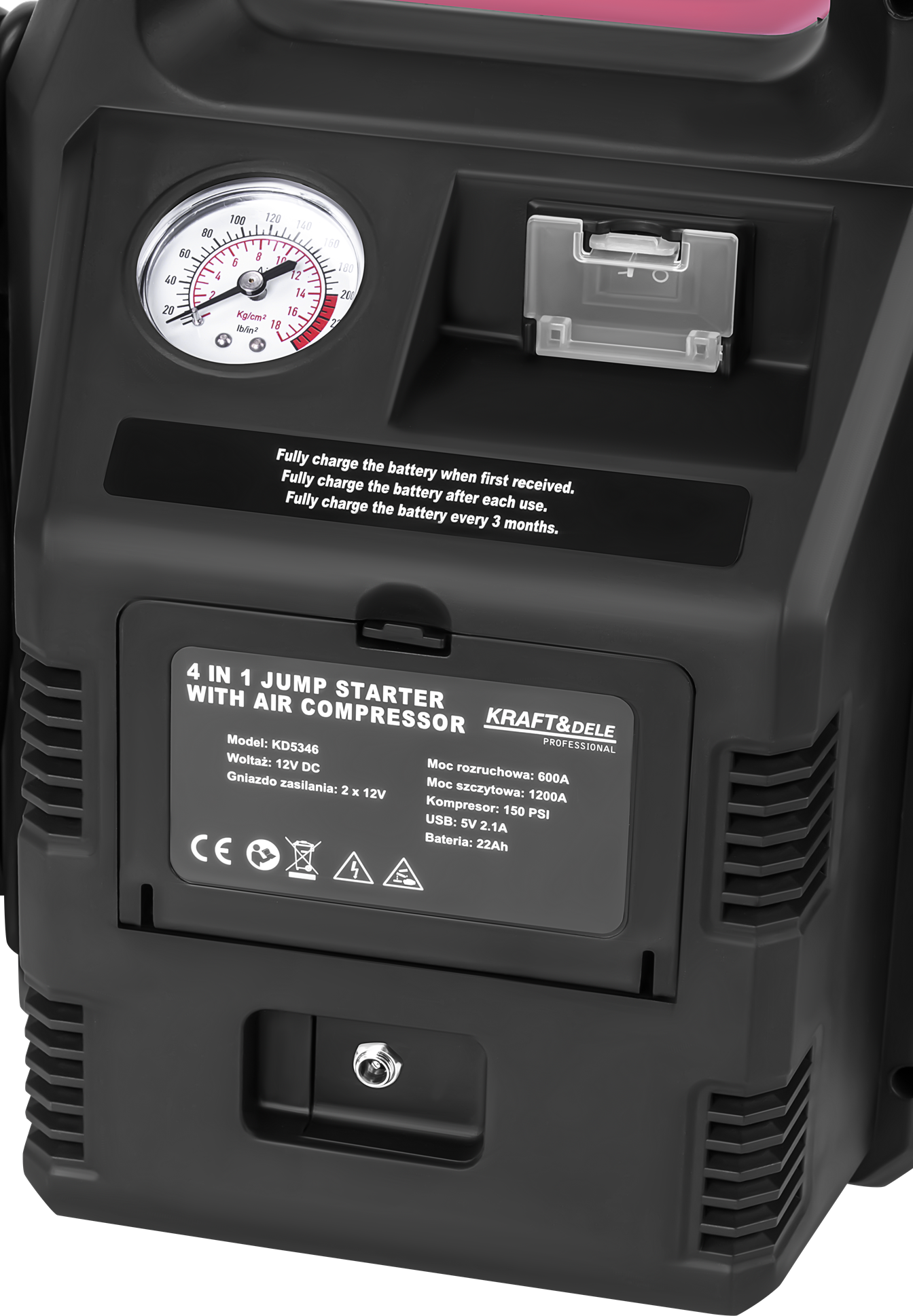 Käivitusseade 4in1 1200/600A 22Ah 12V + valgustus + kompressor KD5346