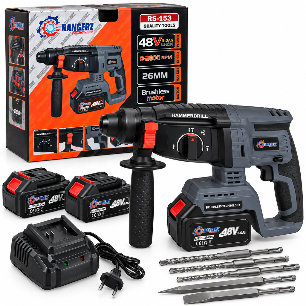 RANGERZ RS-153 Cordless Rotary Hammer 48V 5.0Ah – 26mm Brushless SDS-Plus, 2 Batteries